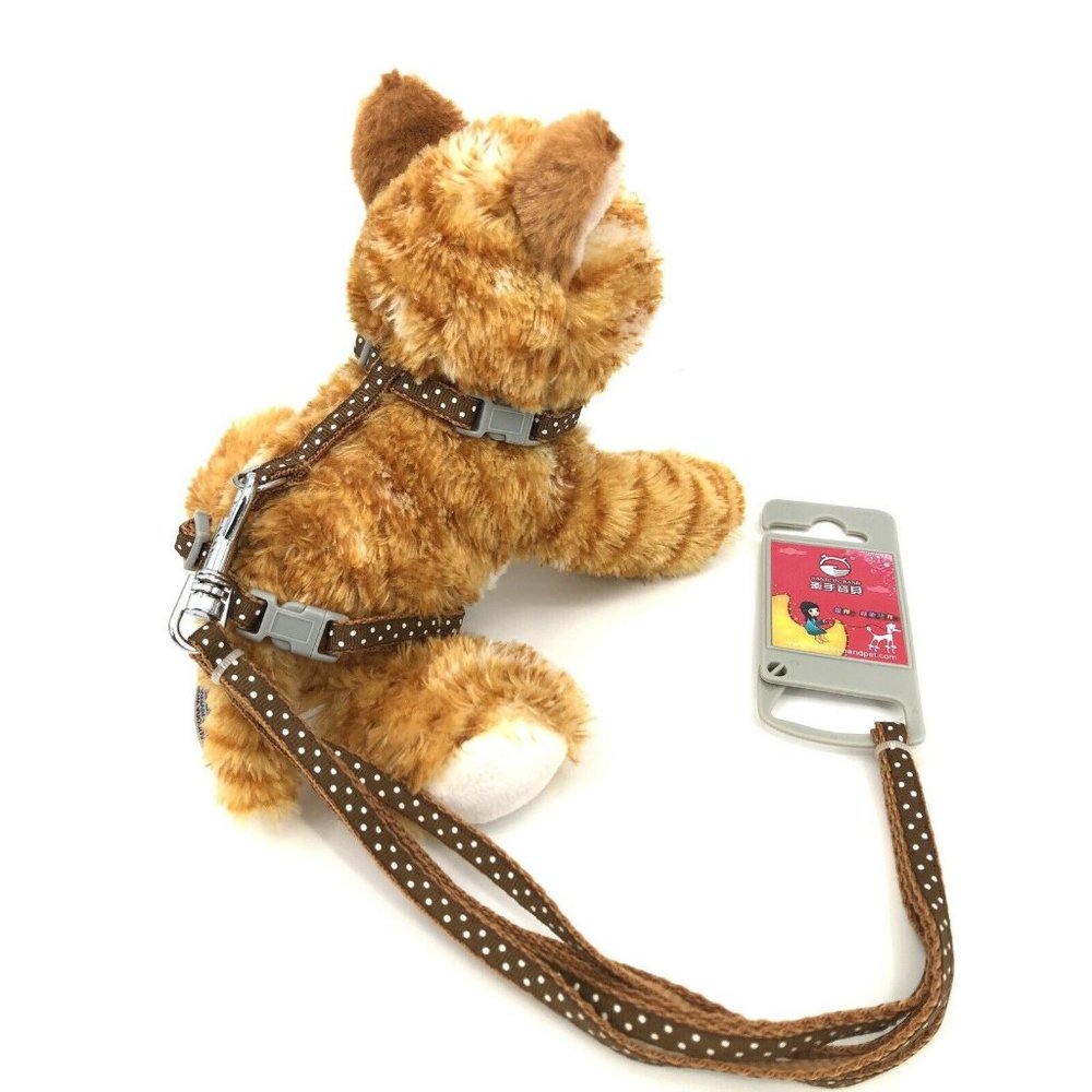Small Pet Cat Dog Adjustable Harness & Leash Safety Walking Lead Brown Polka Dot